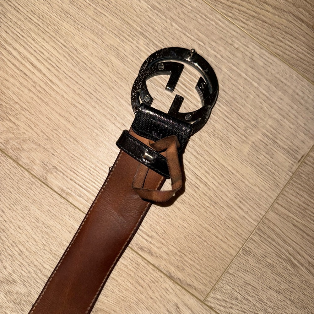 Gucci GG Monogram Print Interlocking G Black Buckle Leather Belt - Picture 3 of 8